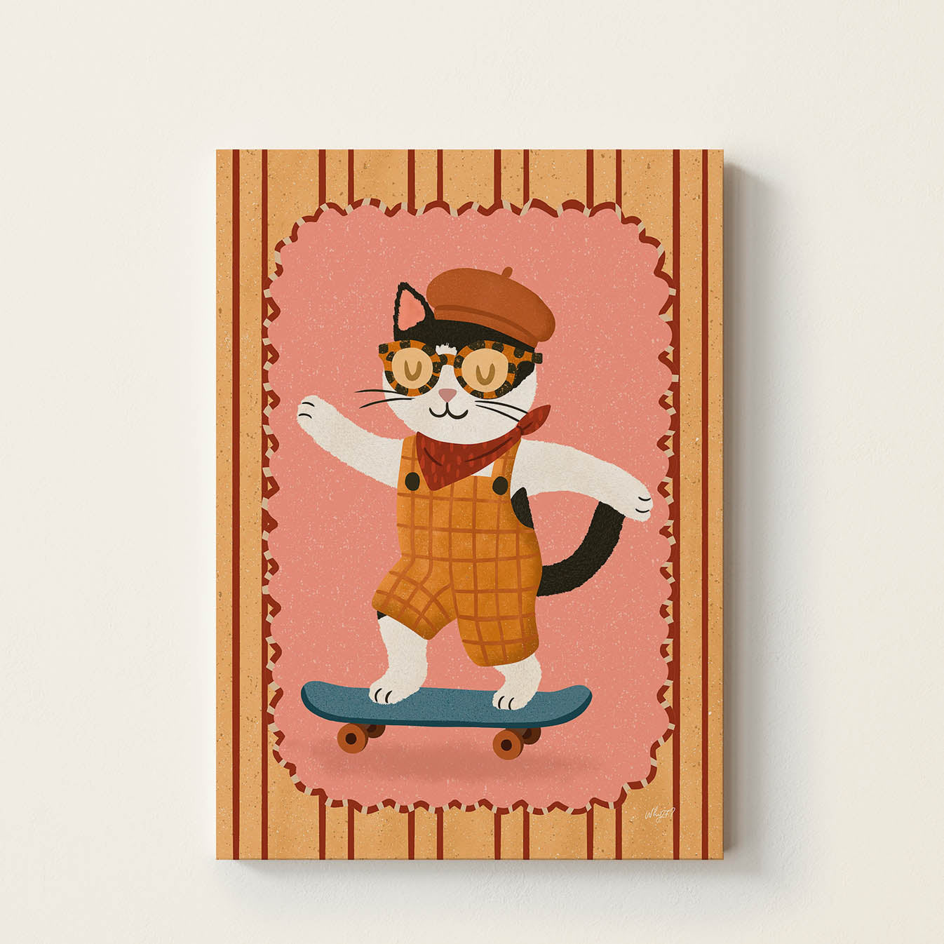 Hand-drawn cat wearing a beret, sunglasses, and a scarf while riding a skateboard, whimsical retro kids wall art for nurseries, bedrooms, and playrooms.