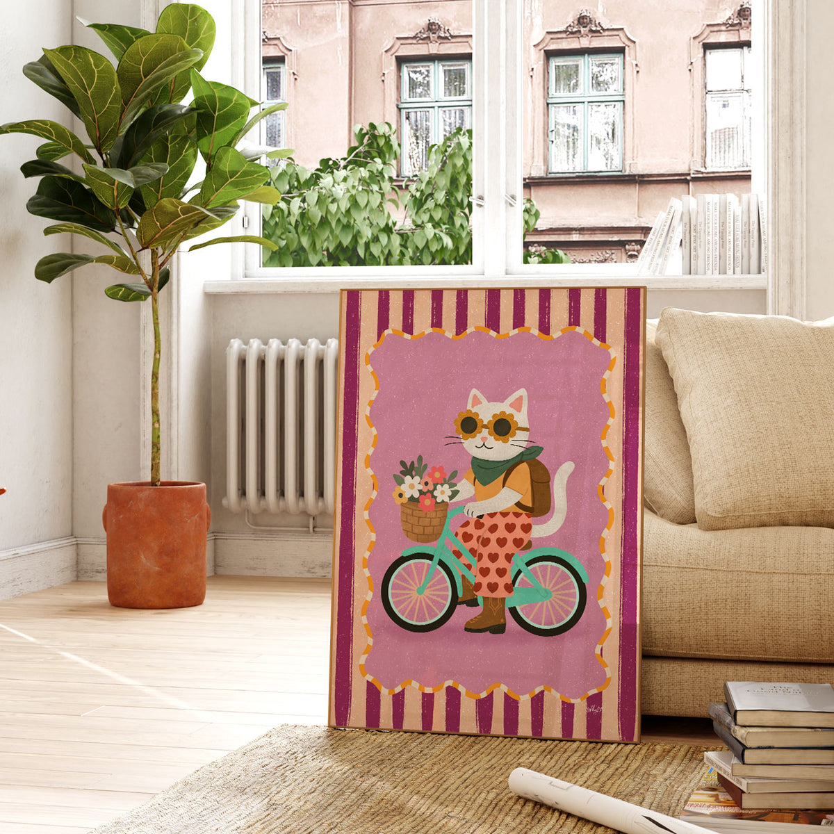 Kids bicycle wall art featuring a hand-drawn cat on a mint bike with a colourful flower basket.