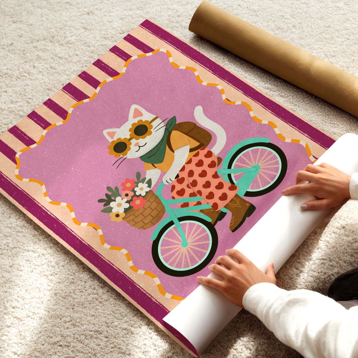 Colourful bicycle cat poster with flower basket and playful retro outfit for a kids bedroom or playroom.