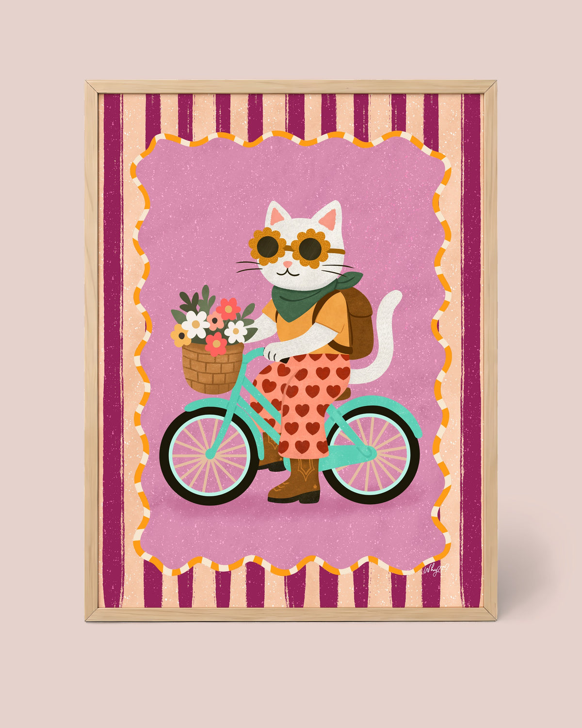 Flower Bike Kitty Poster framed in a natural wood frame
