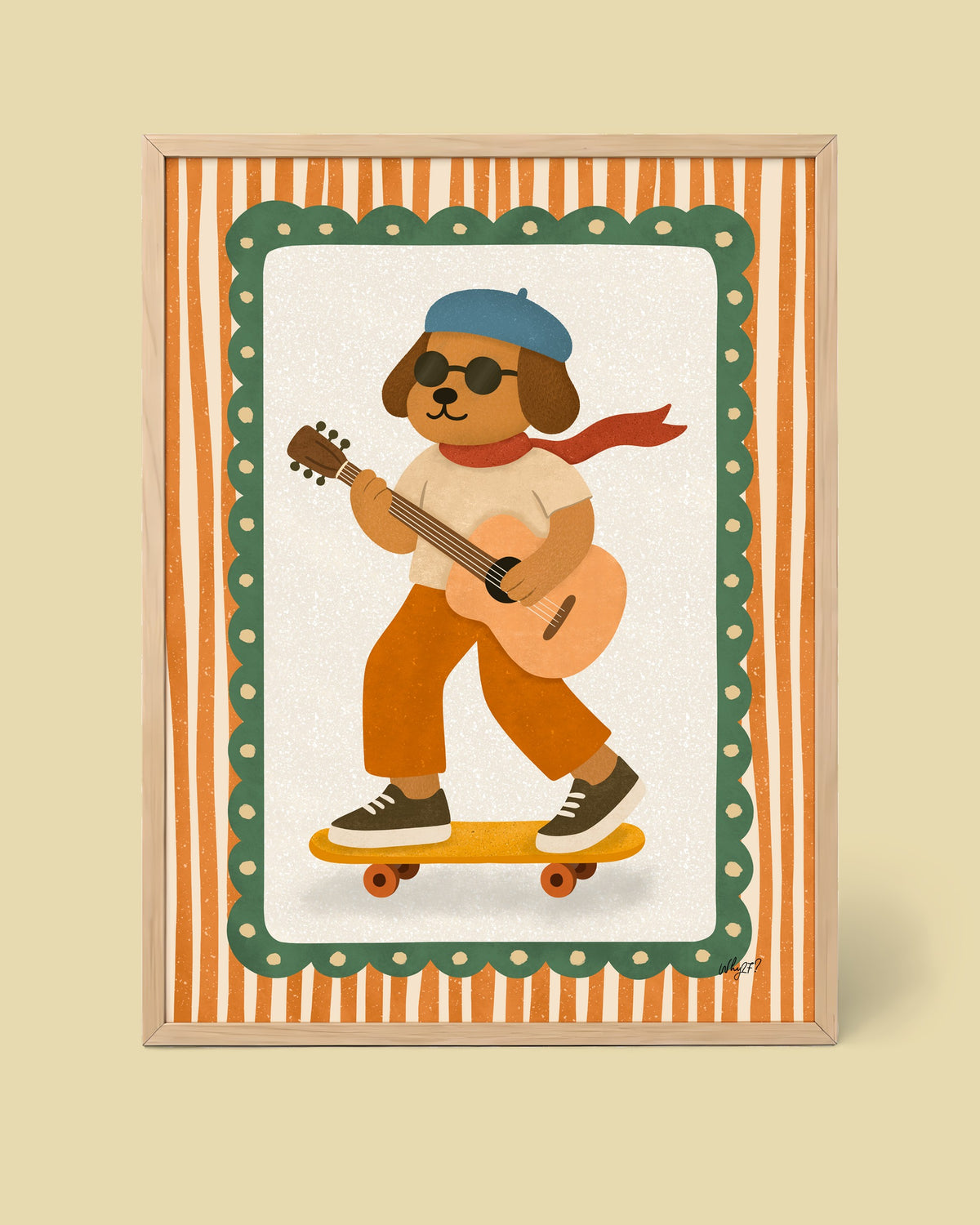 Skate Guitar Dog Poster framed in a natural wood frame