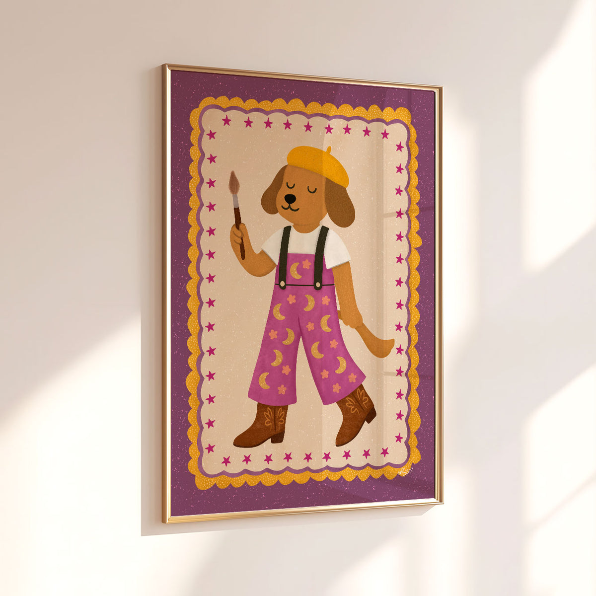 Creative kids wall art featuring a whimsical dog artist in purple, yellow and brown retro-inspired colours.