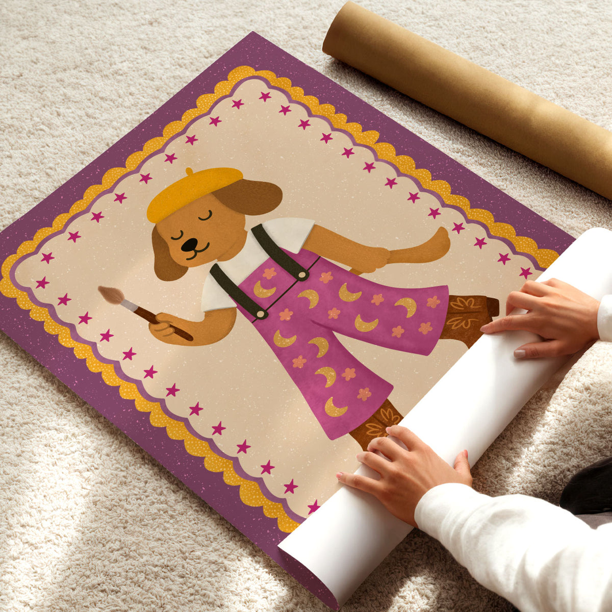 Little artist dog poster with paintbrush and beret for a kids bedroom, playroom or creative art corner.
