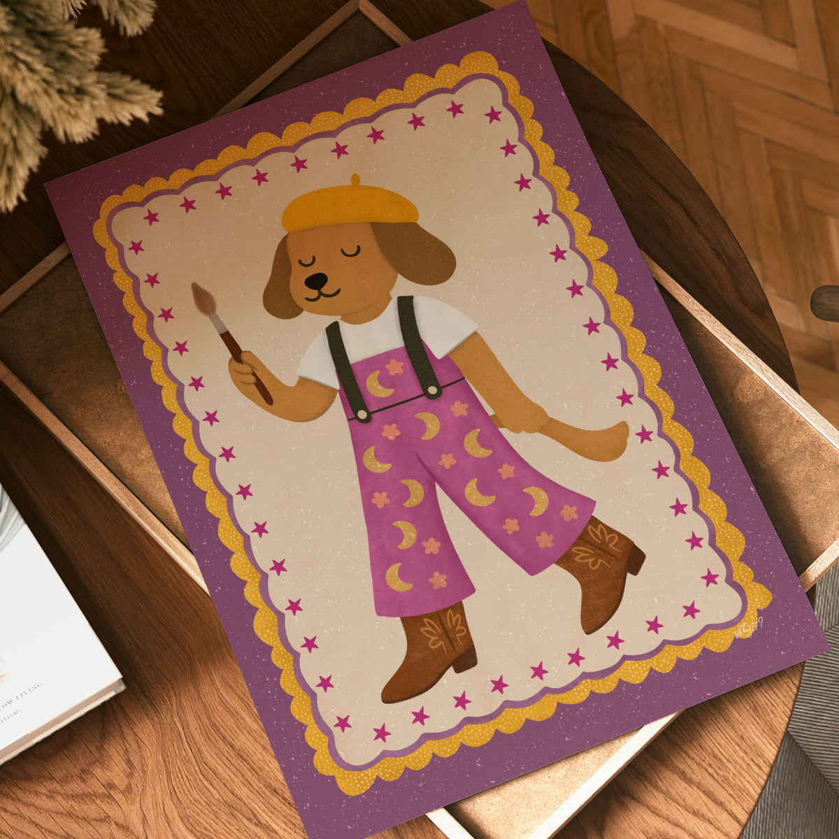 Little artist dog kids wall art featuring a brown dog with paintbrush, beret and moon-pattern overalls.