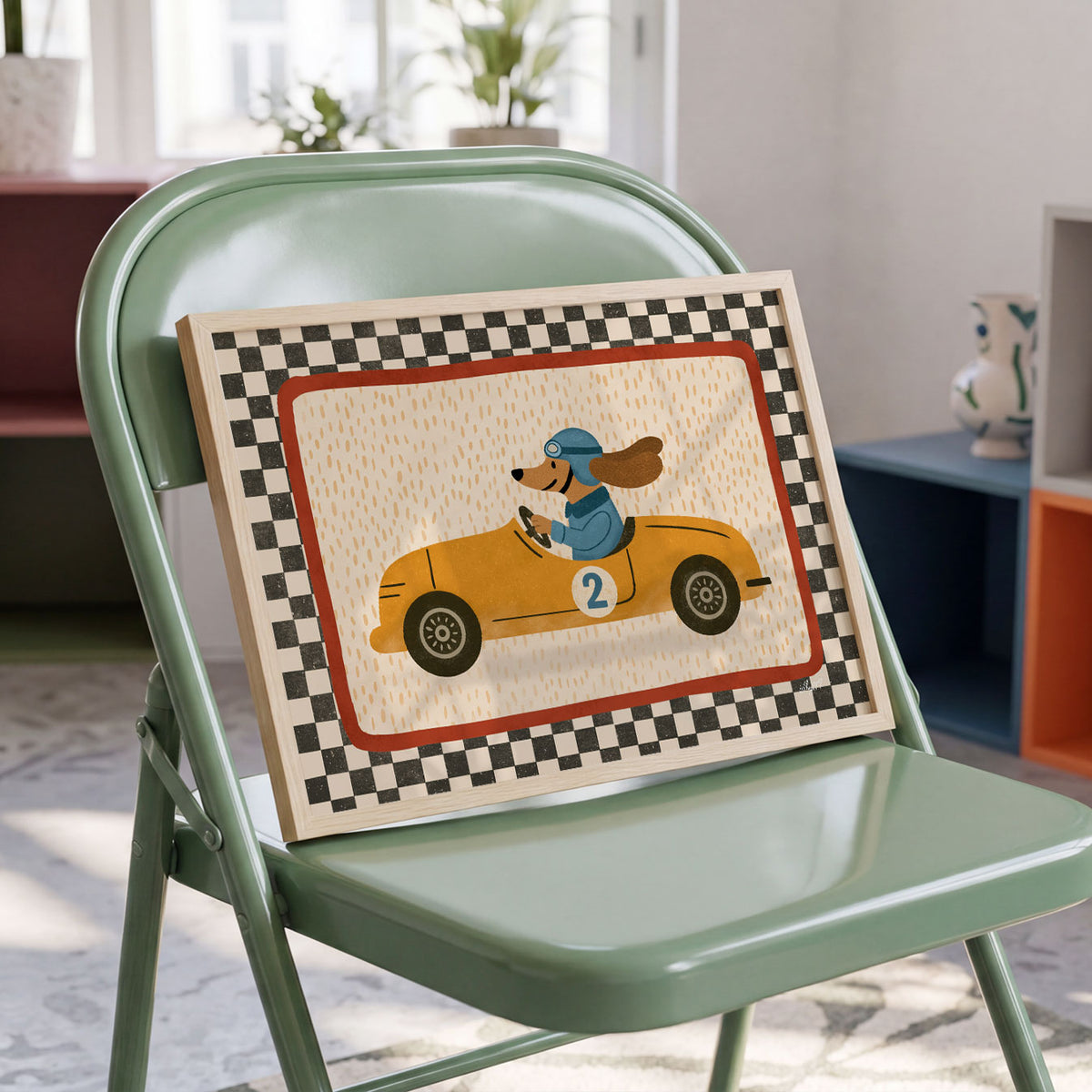 Landscape poster of a dog in a blue helmet driving a yellow race car number two