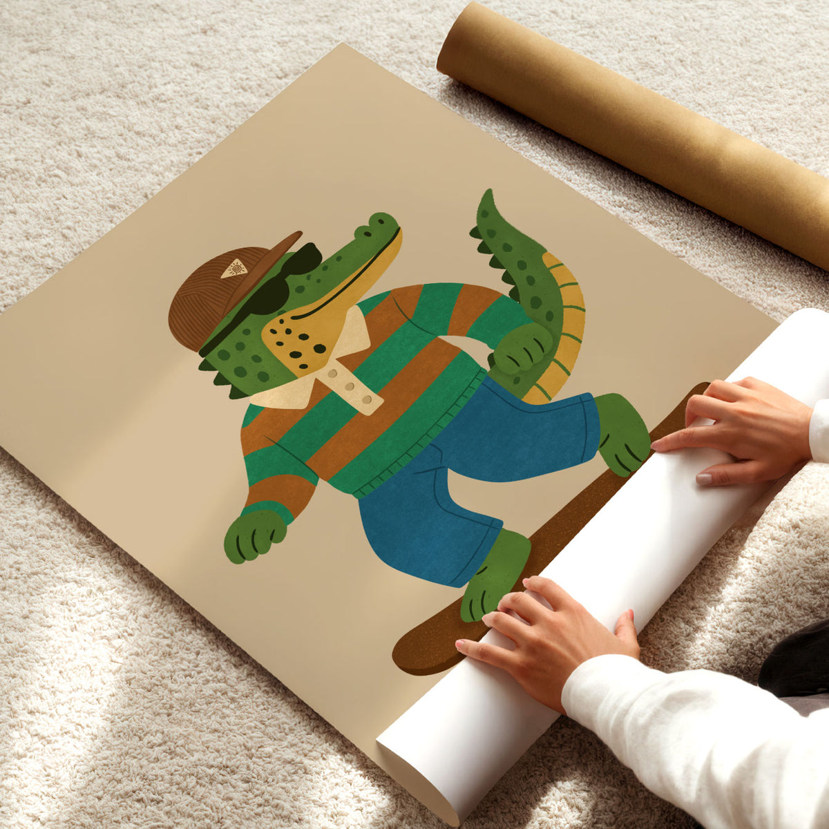 Retro crocodile illustration riding a skateboard in earthy green, brown, orange and blue tones.