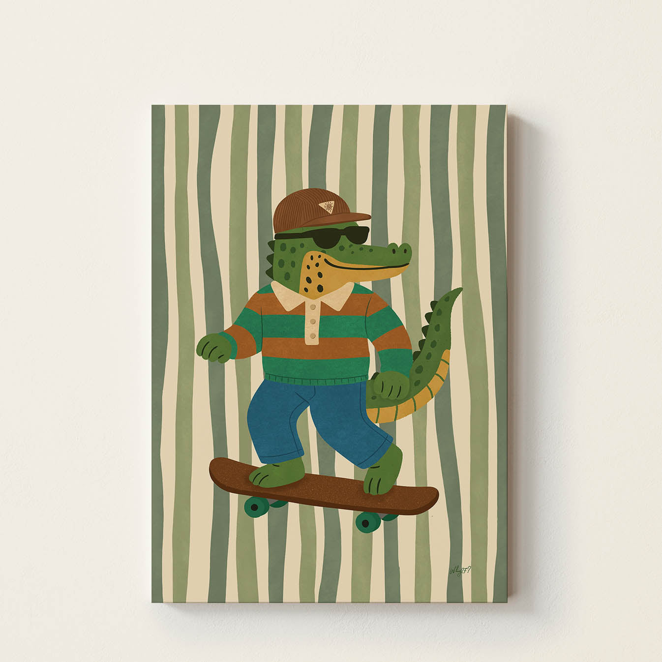 Hand-drawn crocodile wearing sunglasses and a cap riding a skateboard, playful kids wall art poster for nursery, bedroom, and playroom decor