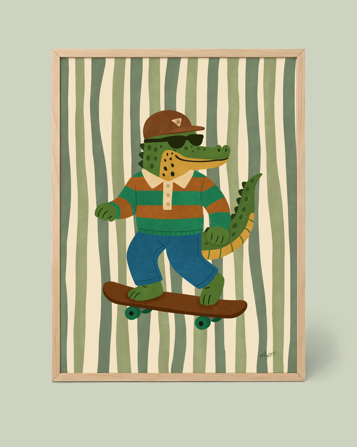 Cool Crocodile Skateboard Poster framed in a natural wood frame