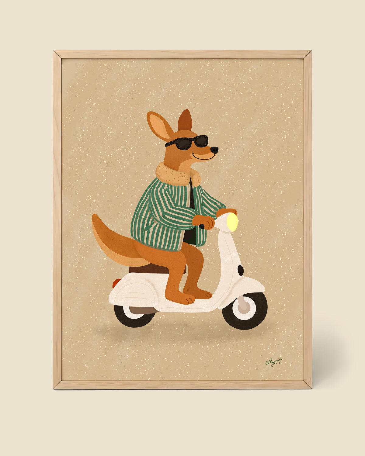 Kangaroo On A Scooter Poster framed in a natural wood frame