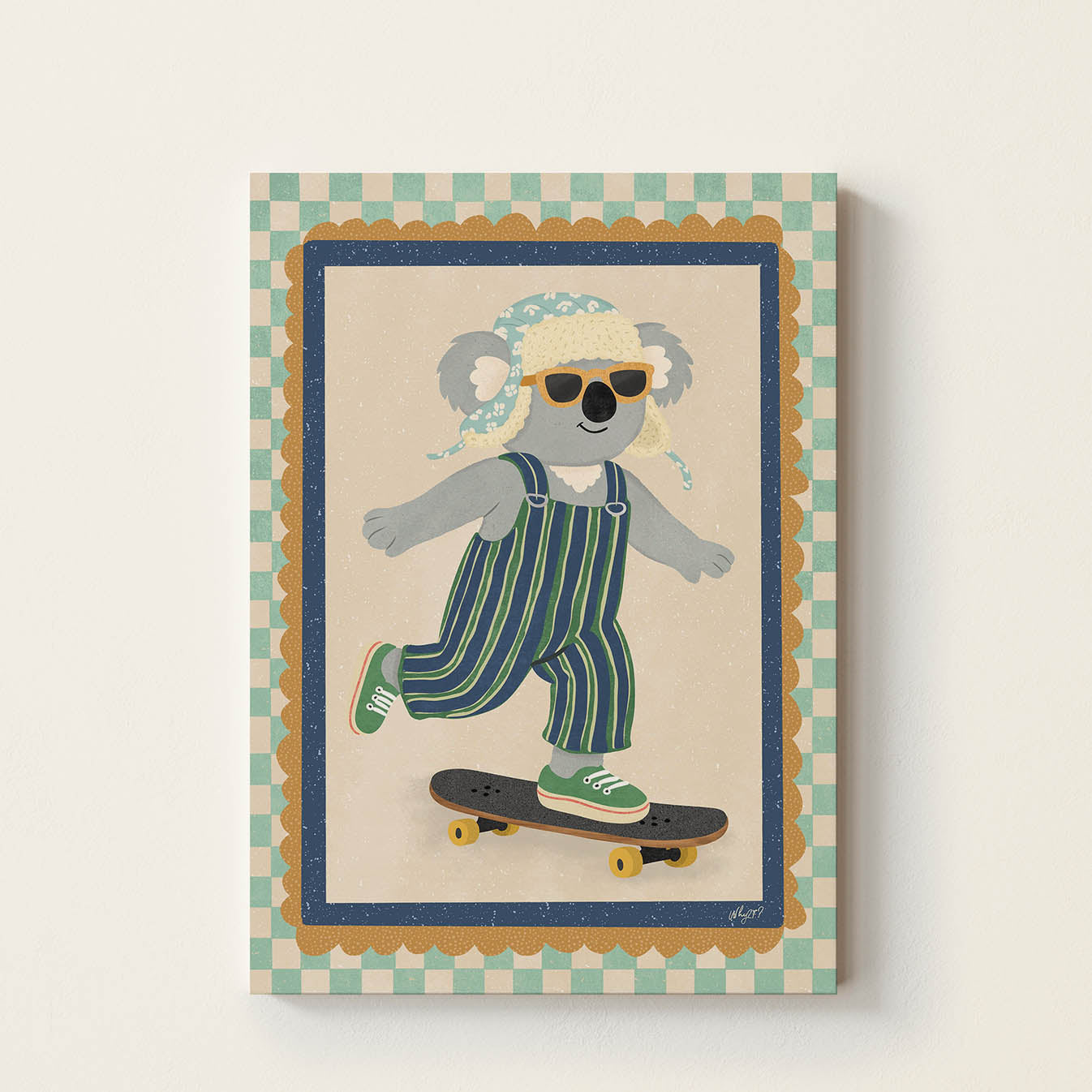 Hand-drawn koala wearing sunglasses, striped overalls, and an aviator hat while riding a skateboard, whimsical kids wall art for nurseries, bedrooms, and playrooms.
