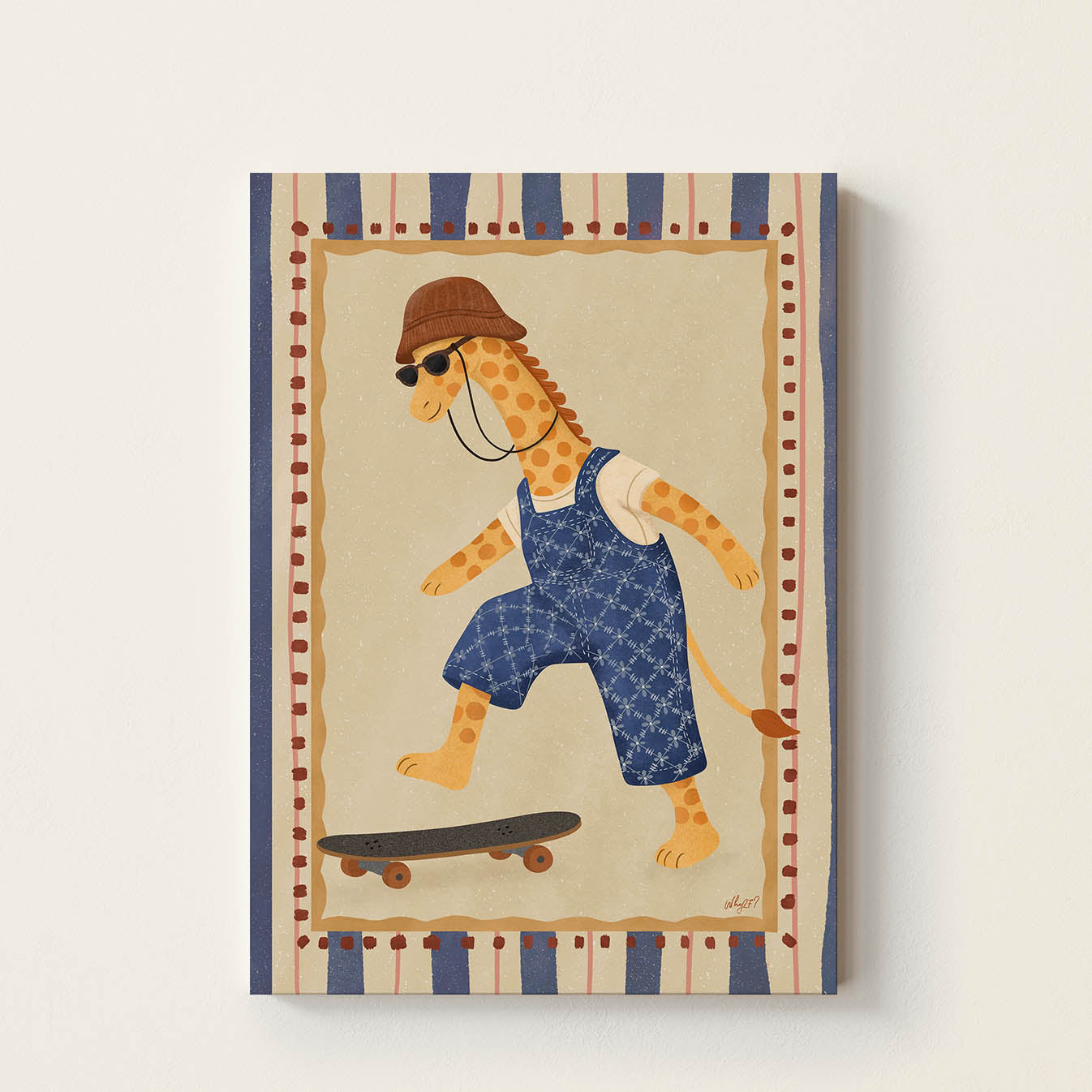 Cool giraffe skater poster featuring a giraffe wearing sunglasses, a beanie, and blue overalls riding a skateboard on a vintage-inspired background.
