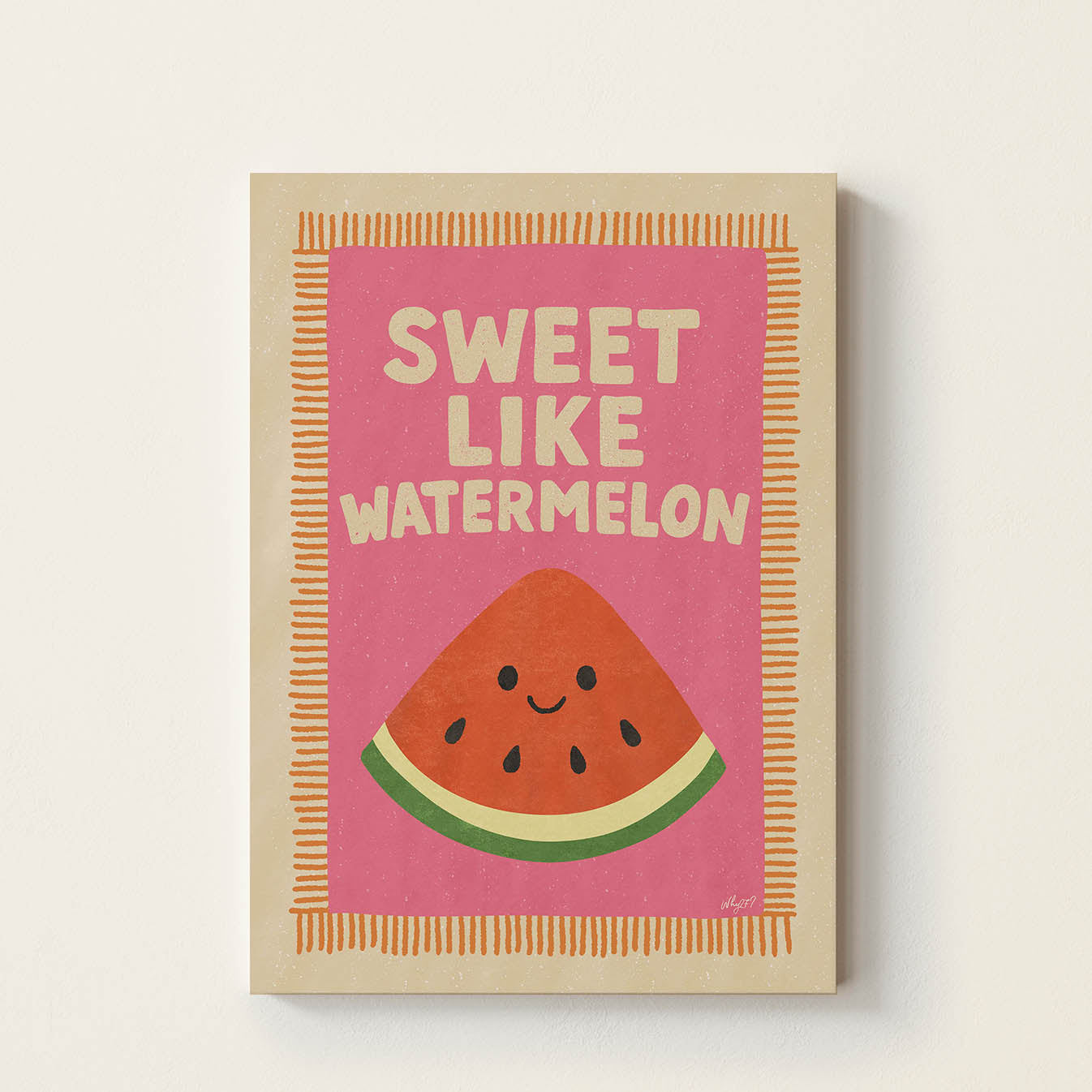 Hand-drawn smiling watermelon with the phrase "Sweet Like Watermelon", colourful retro-inspired kids wall art for nurseries, bedrooms, playrooms, and classrooms.