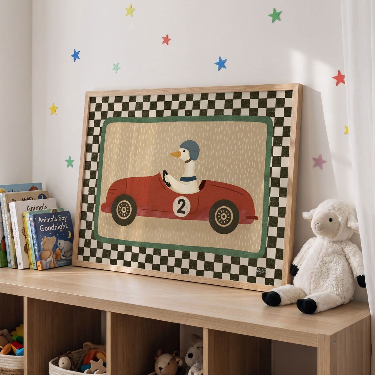 Landscape poster of a duck in a helmet driving a red vintage race car