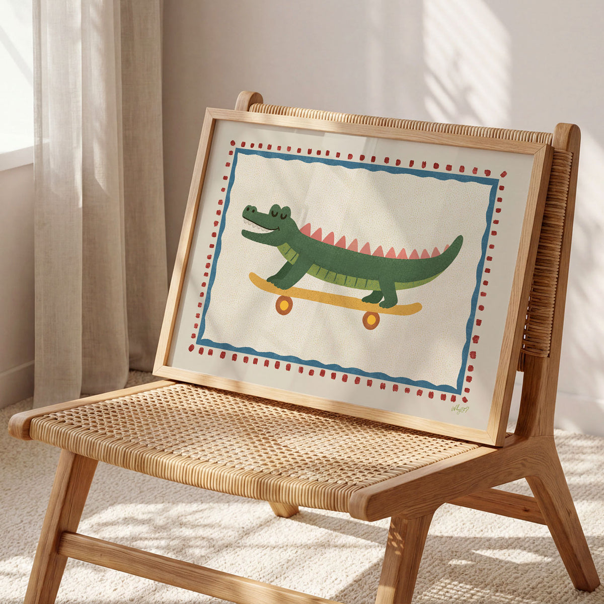Landscape poster of a long crocodile riding a skateboard inside a dotted frame