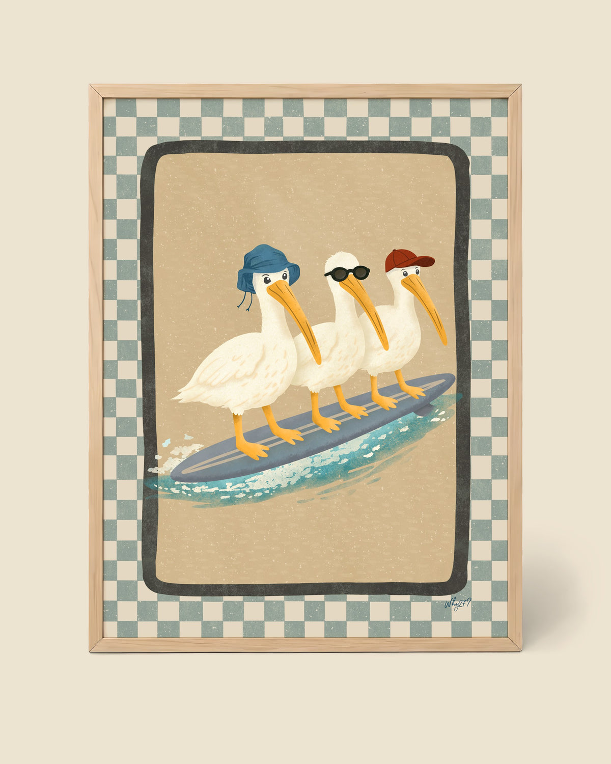 Surf Crew Pelican Poster framed in a natural wood frame