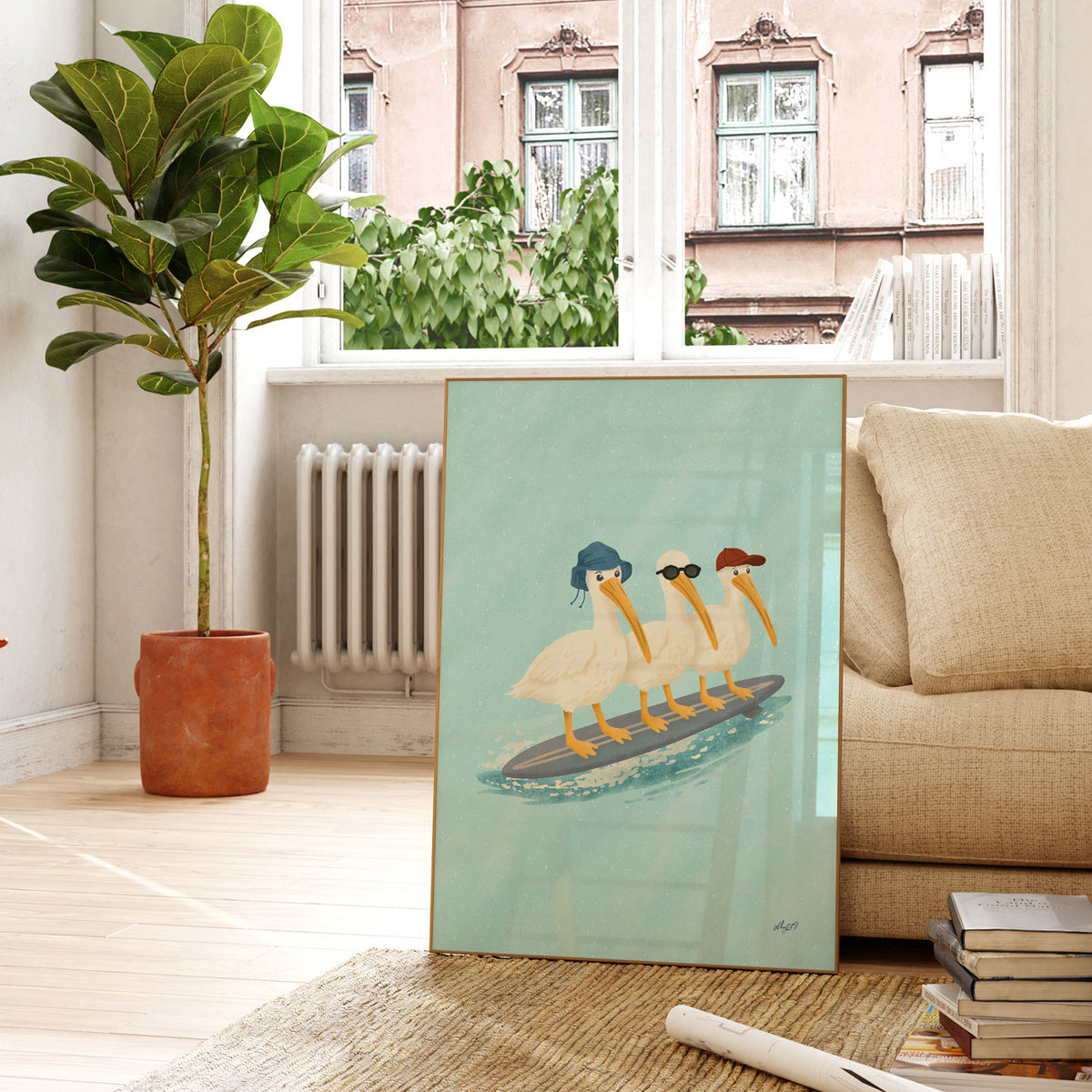 Pelicans On A Surfboard Poster