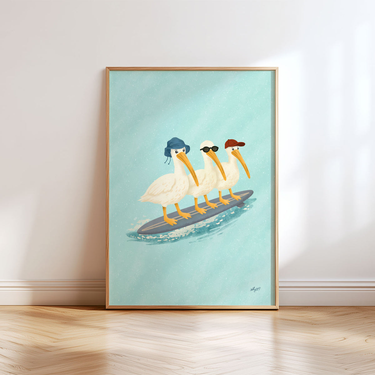 Pelicans On A Surfboard Poster