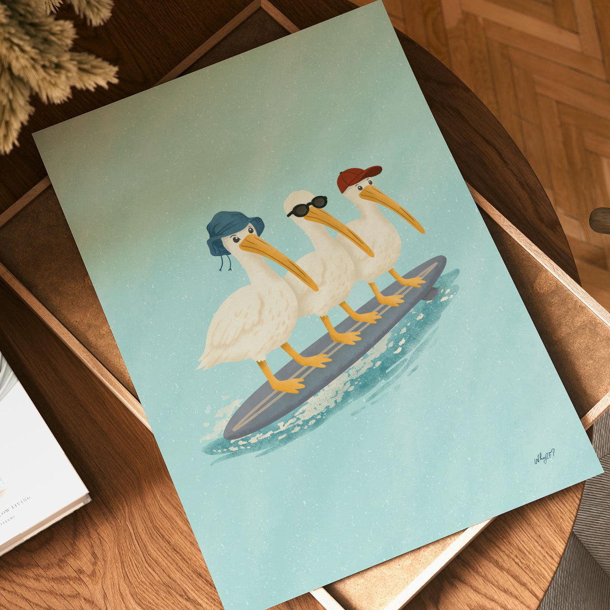 Pelicans On A Surfboard Poster
