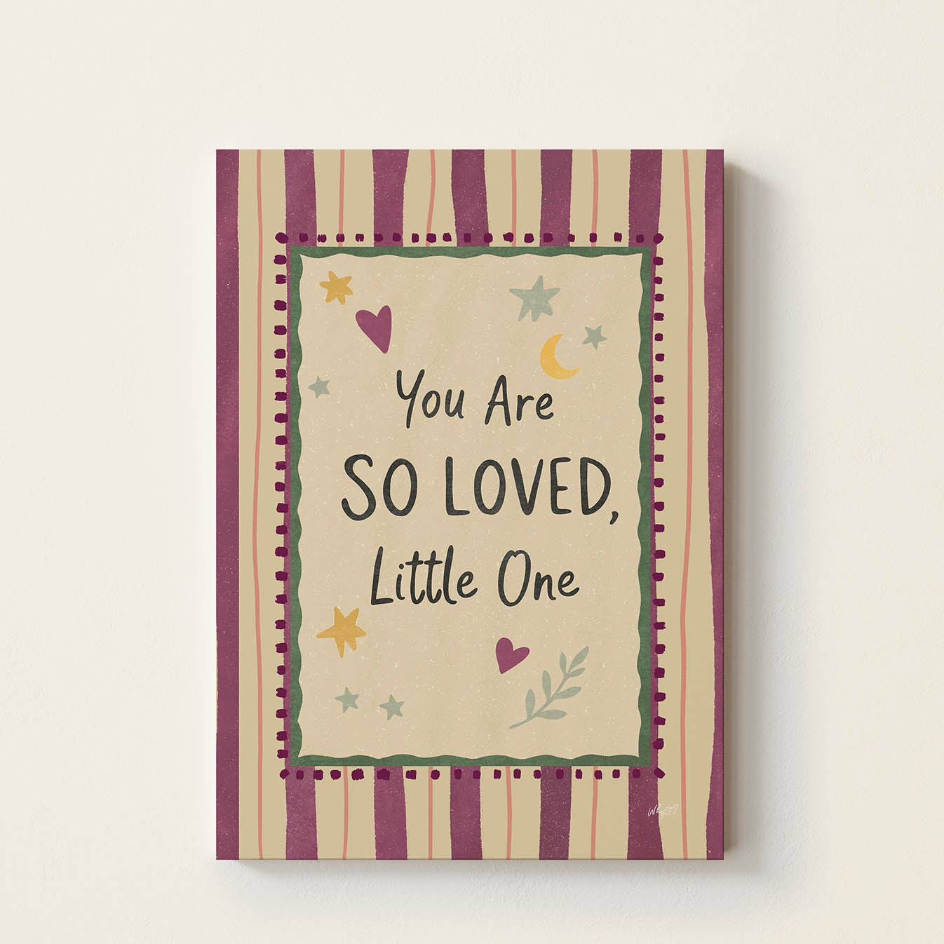 Hand-drawn typography poster featuring the uplifting message "You Are So Loved, Little One" with hearts, stars, and botanical details, retro-inspired nursery wall art for baby rooms, bedrooms, and playrooms.