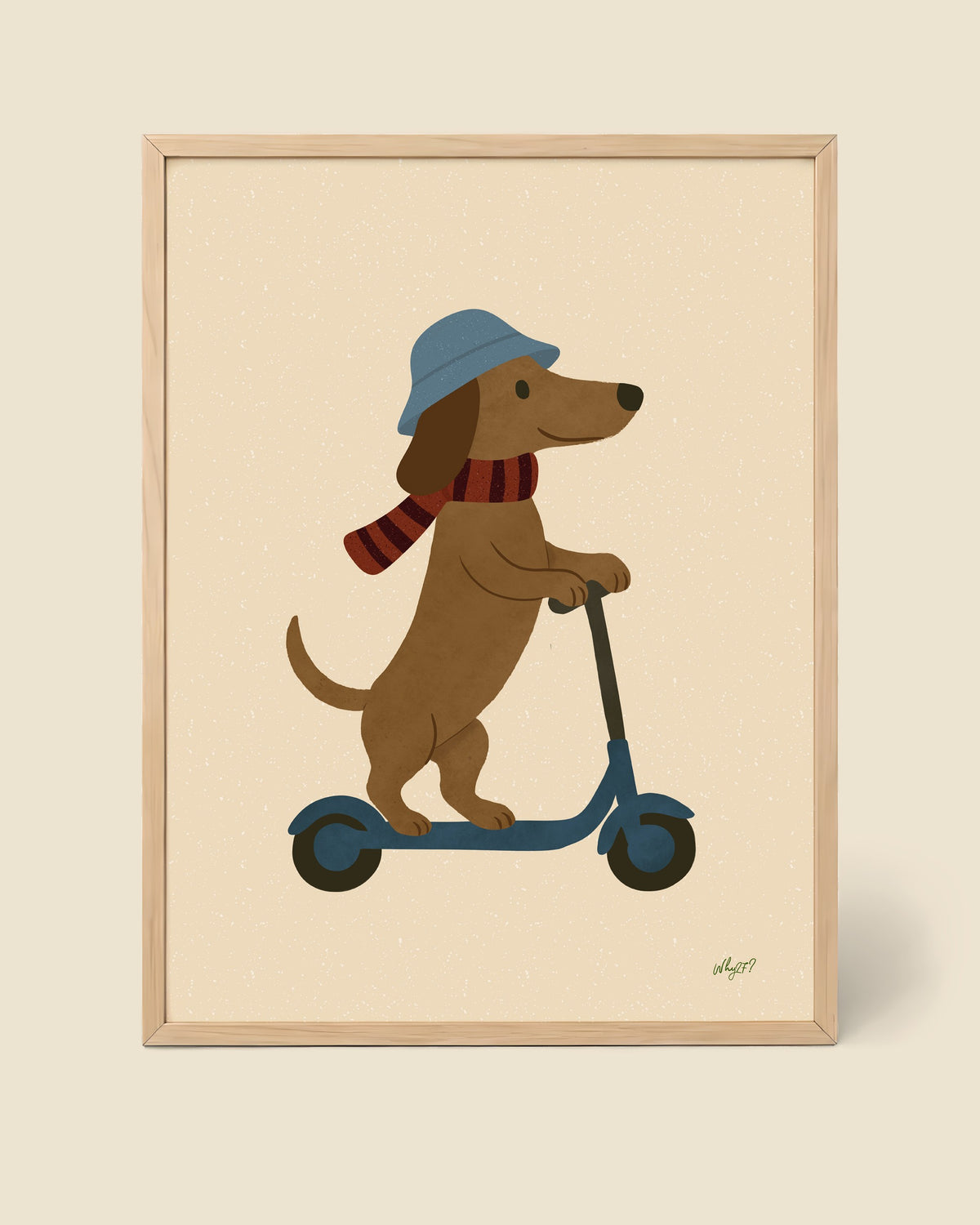 Scooter Dog Poster framed in a natural wood frame