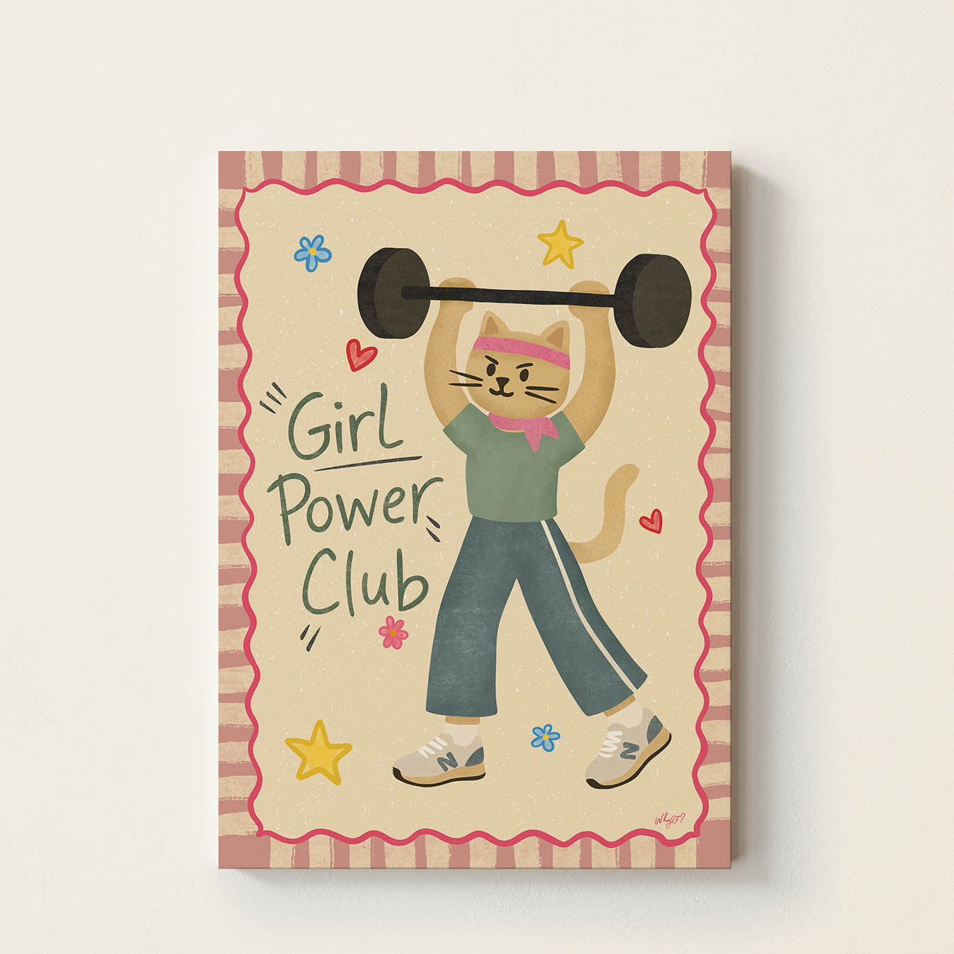 Hand-drawn cat lifting weights beneath the phrase Girl Power Club, empowering girls wall art poster designed to inspire confidence, courage, and self-belief in nurseries, bedrooms, and playrooms.