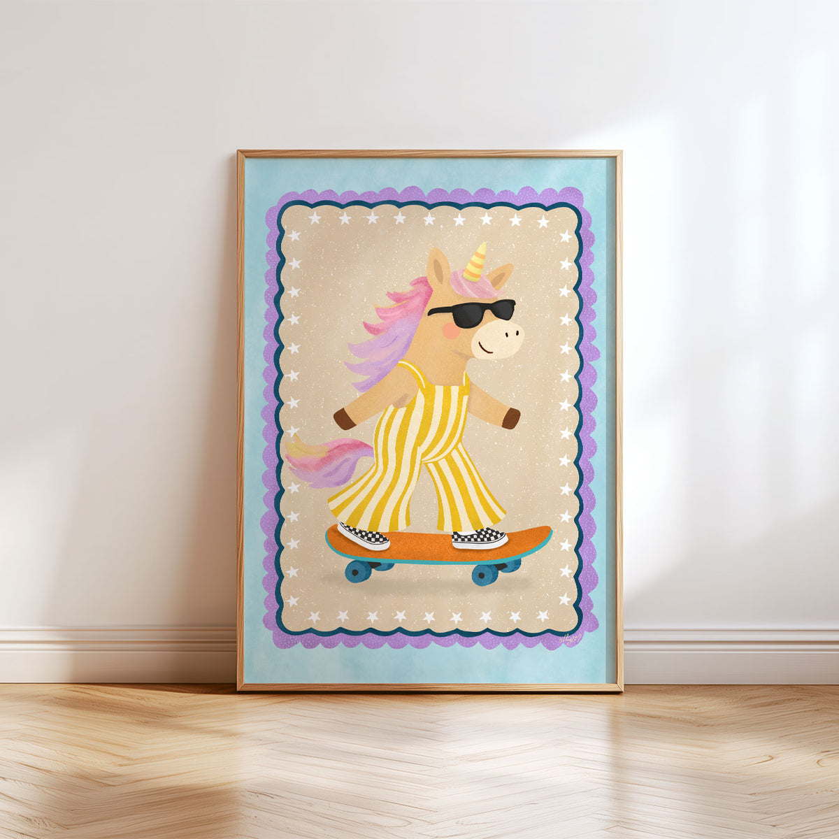 Kids skateboard wall art featuring a cool unicorn in sunglasses cruising on an orange and blue skateboard.