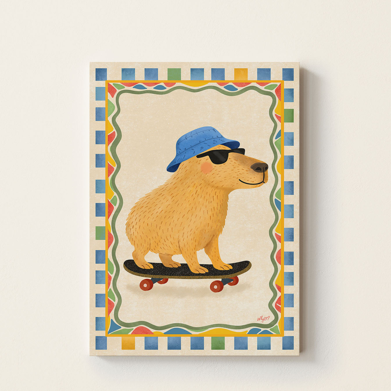 Capybara skateboarding poster featuring a capybara wearing sunglasses and a blue bucket hat riding a skateboard on a decorative colorful background.