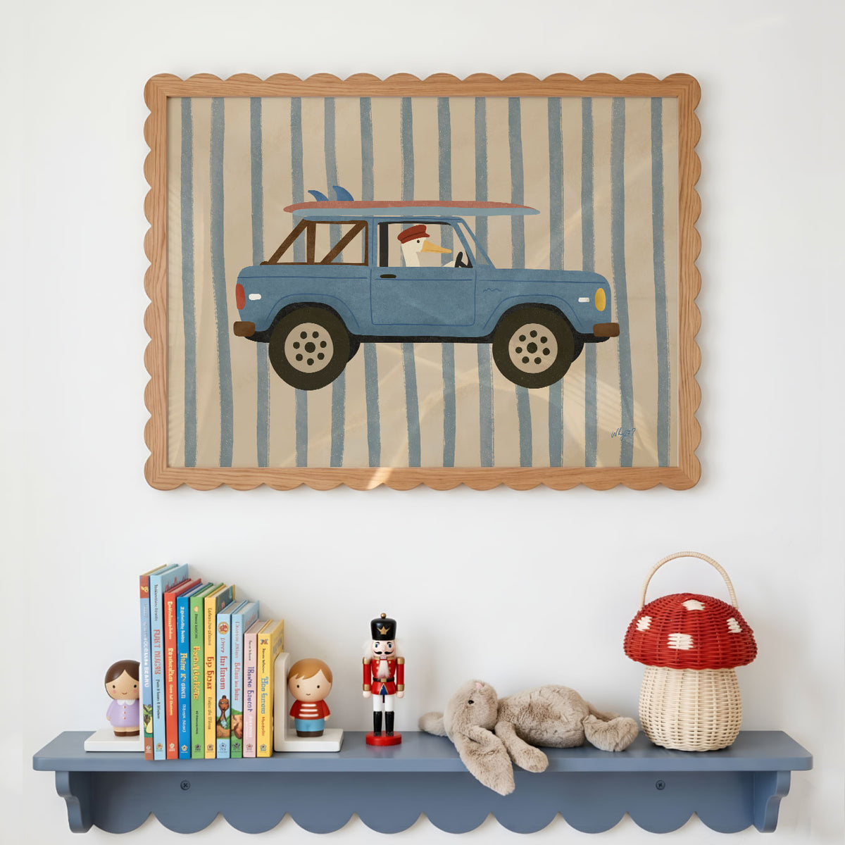 Landscape poster of a pelican driving a blue vintage truck with surfboards on the roof