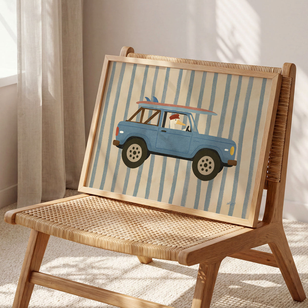 Landscape poster of a pelican driving a blue vintage truck with surfboards on the roof