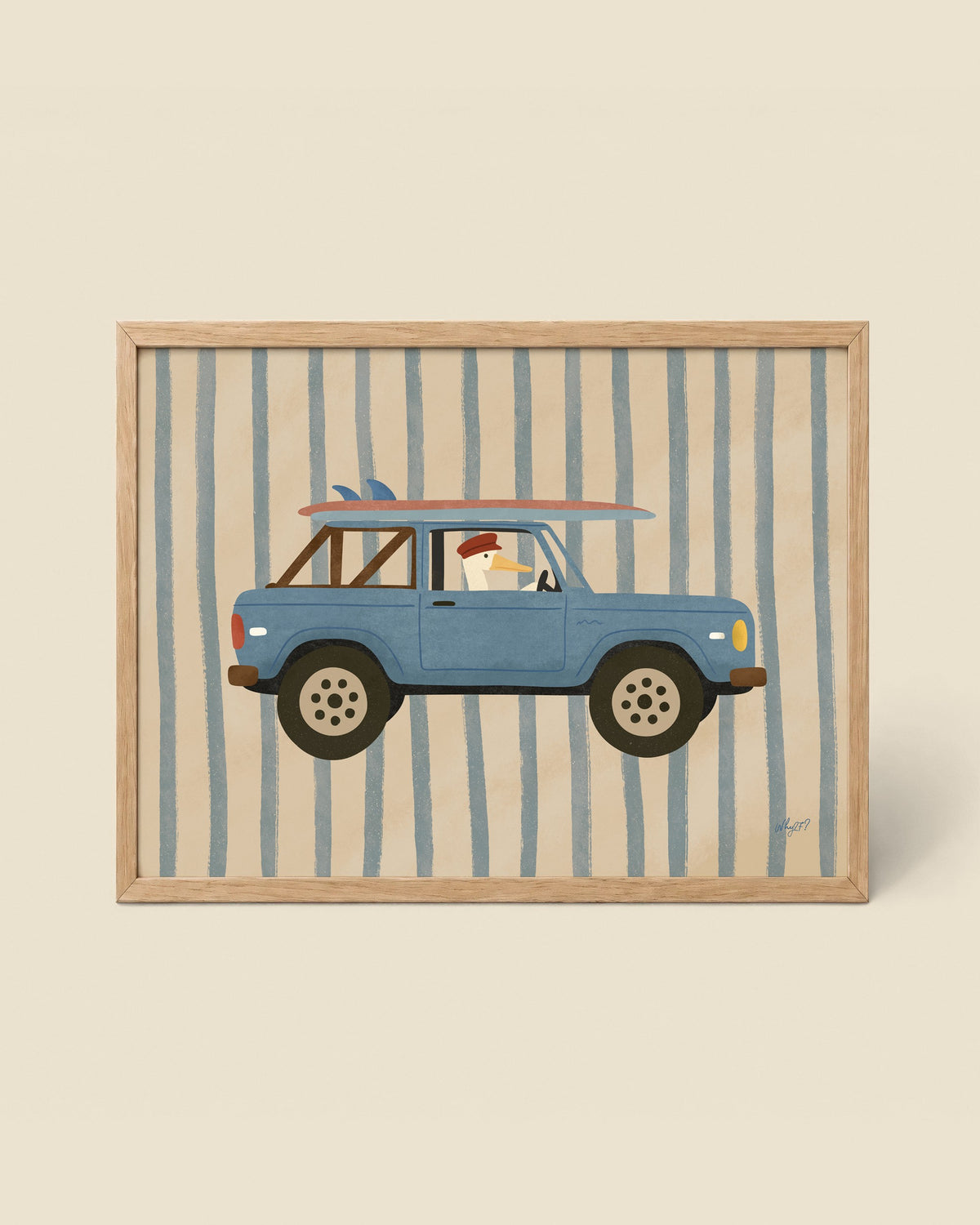 Surf Truck Blue Poster framed in a natural wood frame