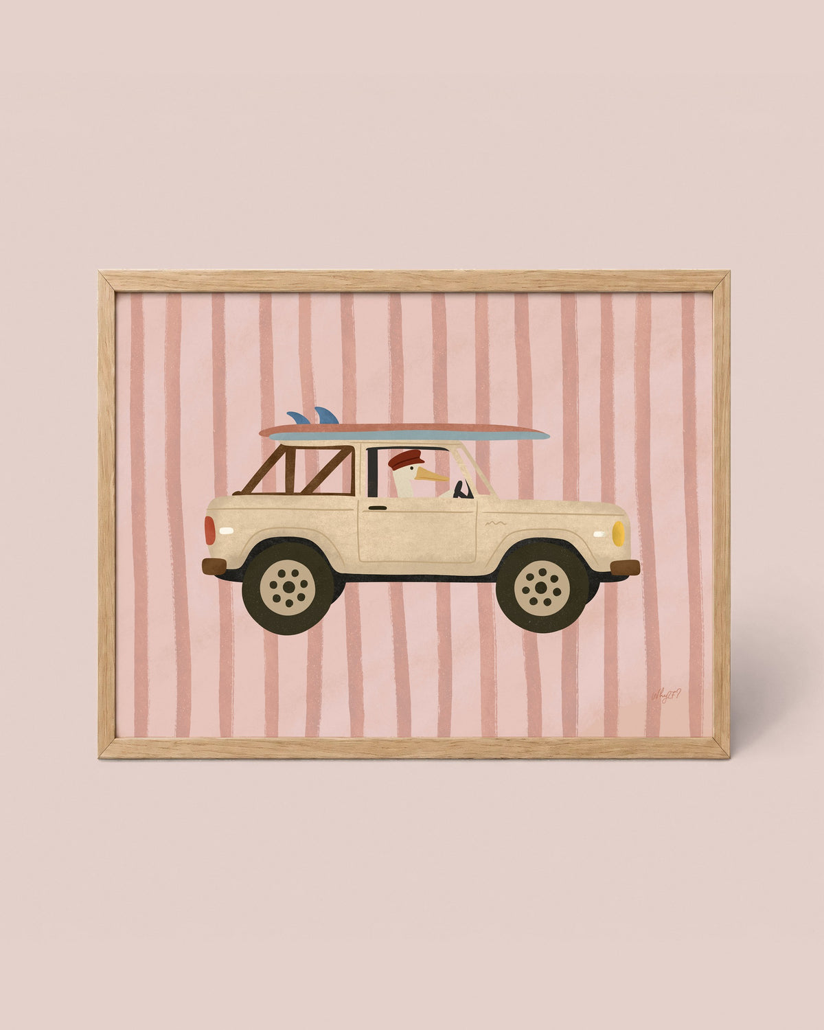 Surf Truck Pink Poster framed in a natural wood frame