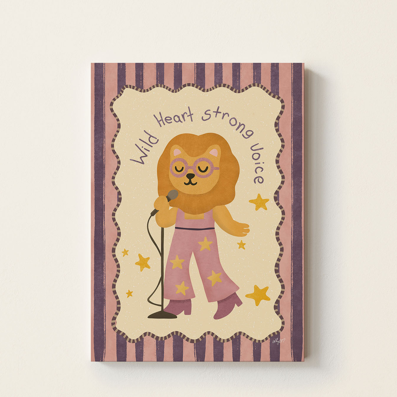 Hand-drawn lion wearing glasses and singing into a microphone beneath the inspirational phrase "Wild Heart Strong Voice", retro music-themed wall art for nurseries, bedrooms, playrooms, and classrooms.
