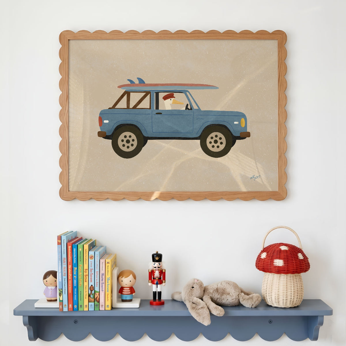Landscape poster of a pelican driving a blue vintage truck with surfboards on sand