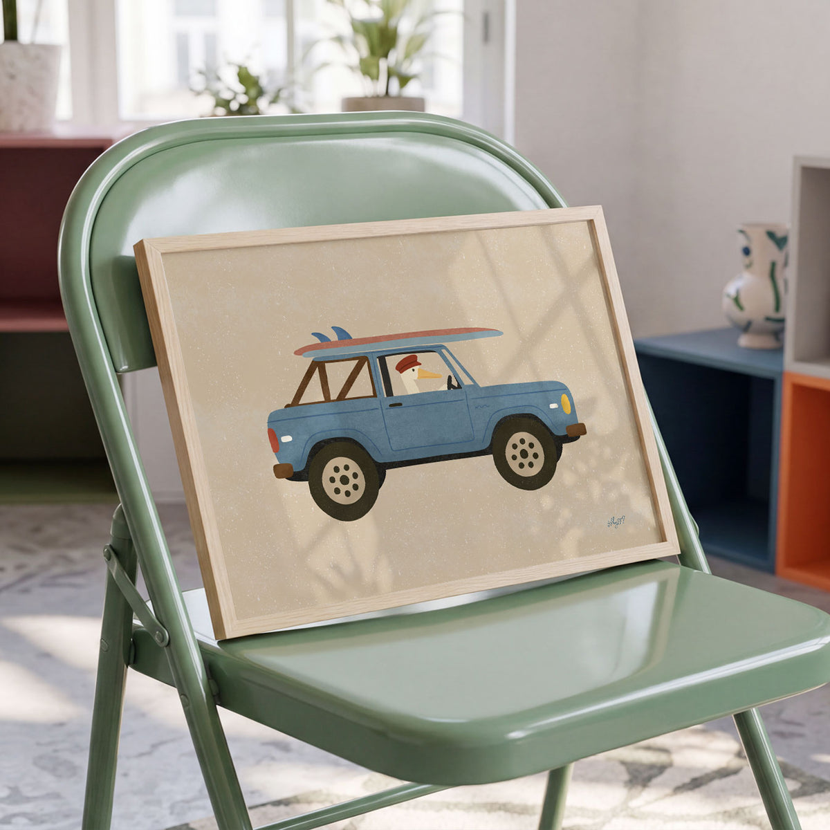 Landscape poster of a pelican driving a blue vintage truck with surfboards on sand