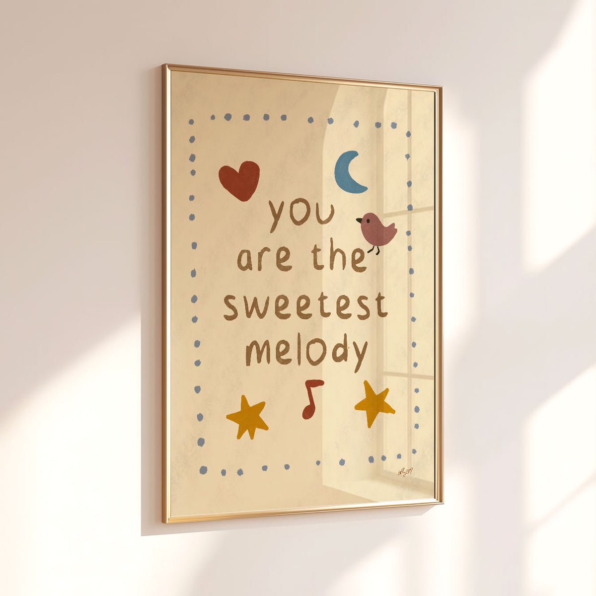 Inspirational nursery wall art featuring a sweet melody quote with colourful stars and music symbols.