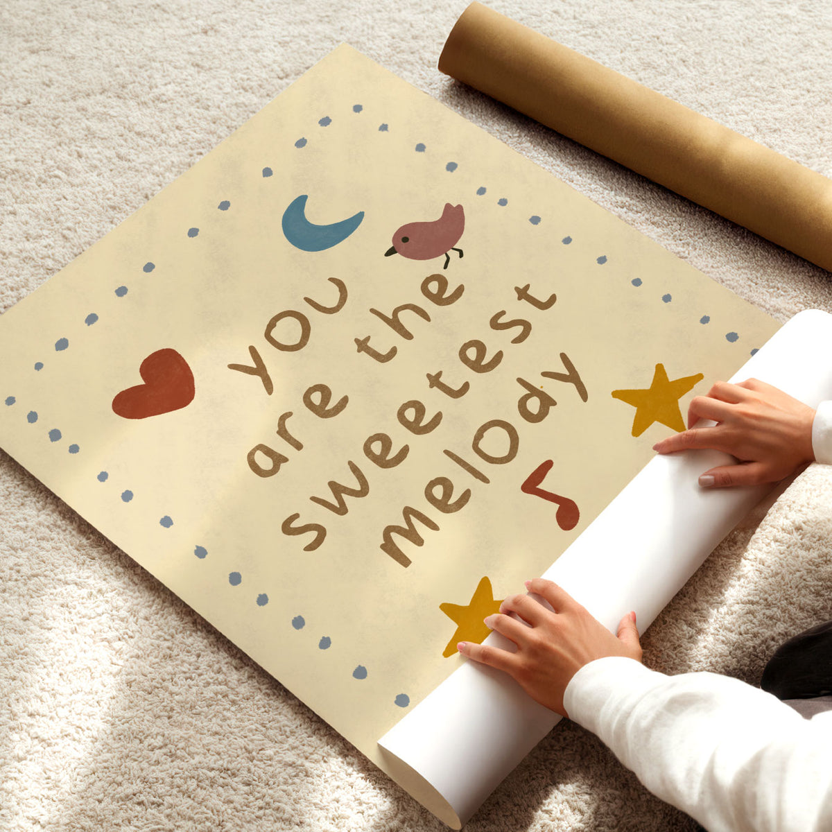 Whimsical positive kids poster with music notes, moon, stars, heart and bird in muted retro colours.