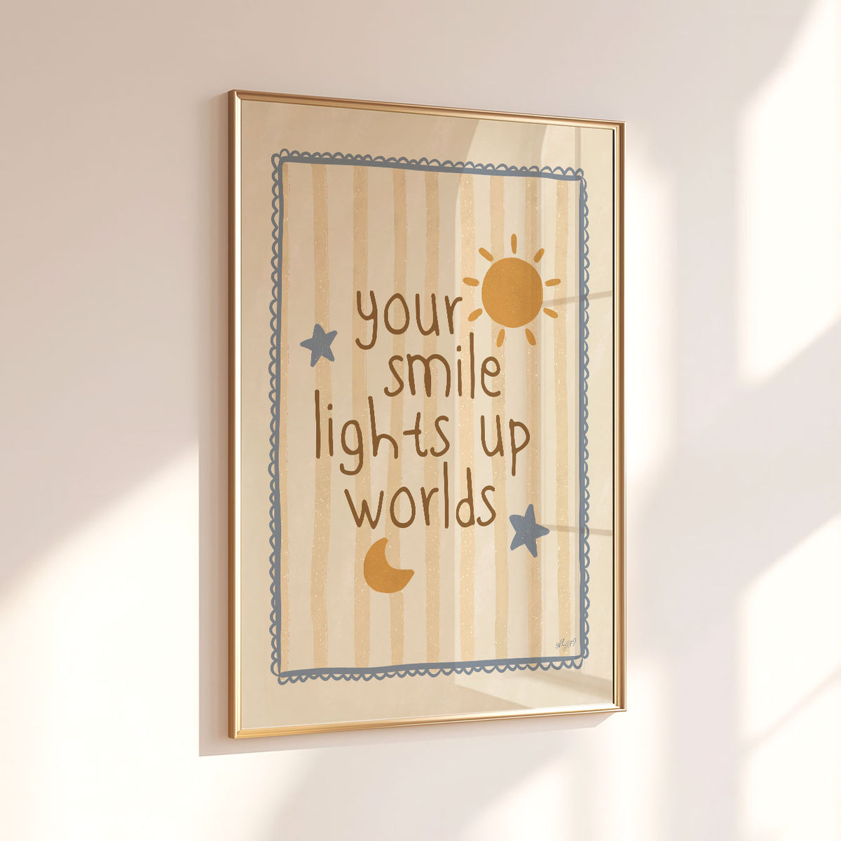 Inspirational kids quote poster with hand-drawn lettering, celestial illustrations and soft striped background.
