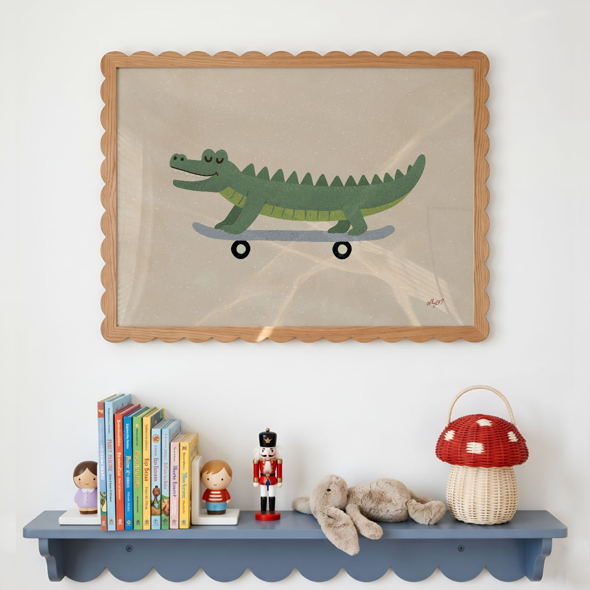 Landscape poster of a long crocodile on a skateboard against a sand background