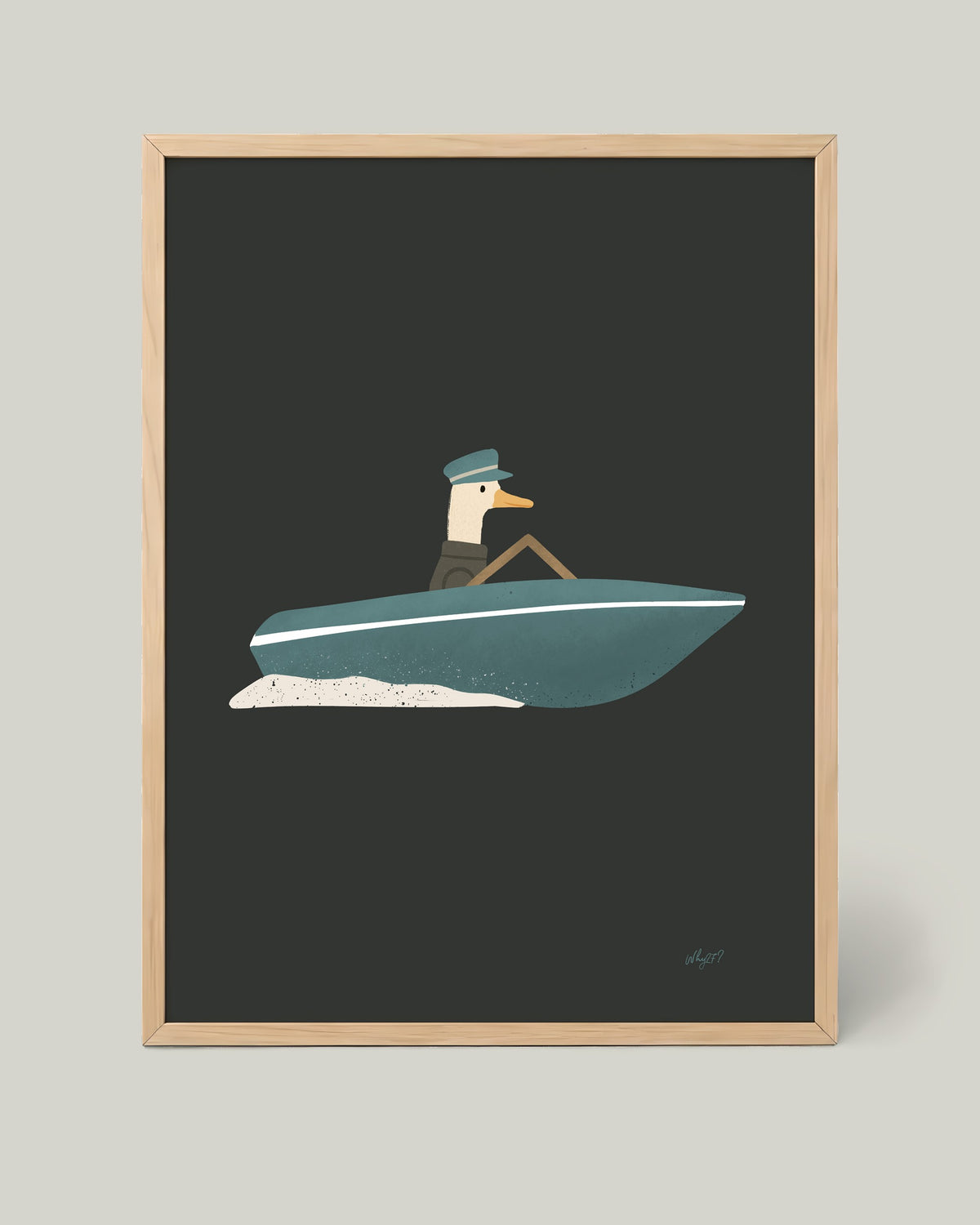 Speedboat Duck Poster framed in a natural wood frame