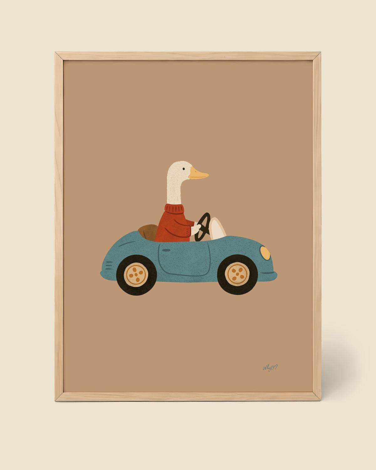 Duck In A Car Poster framed in a natural wood frame
