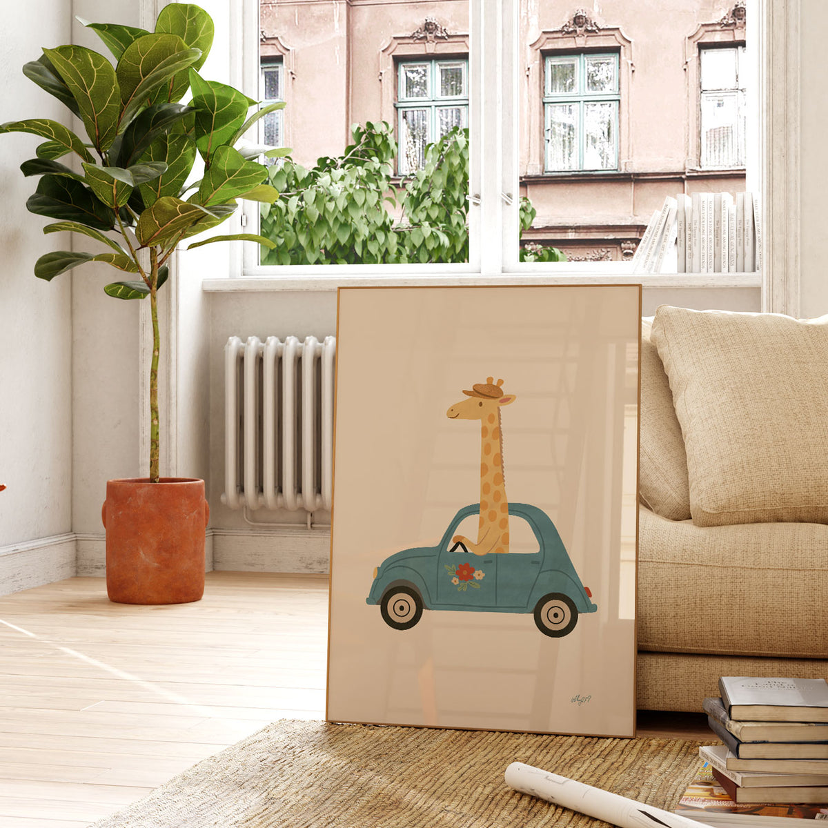 Giraffe In A Car Poster