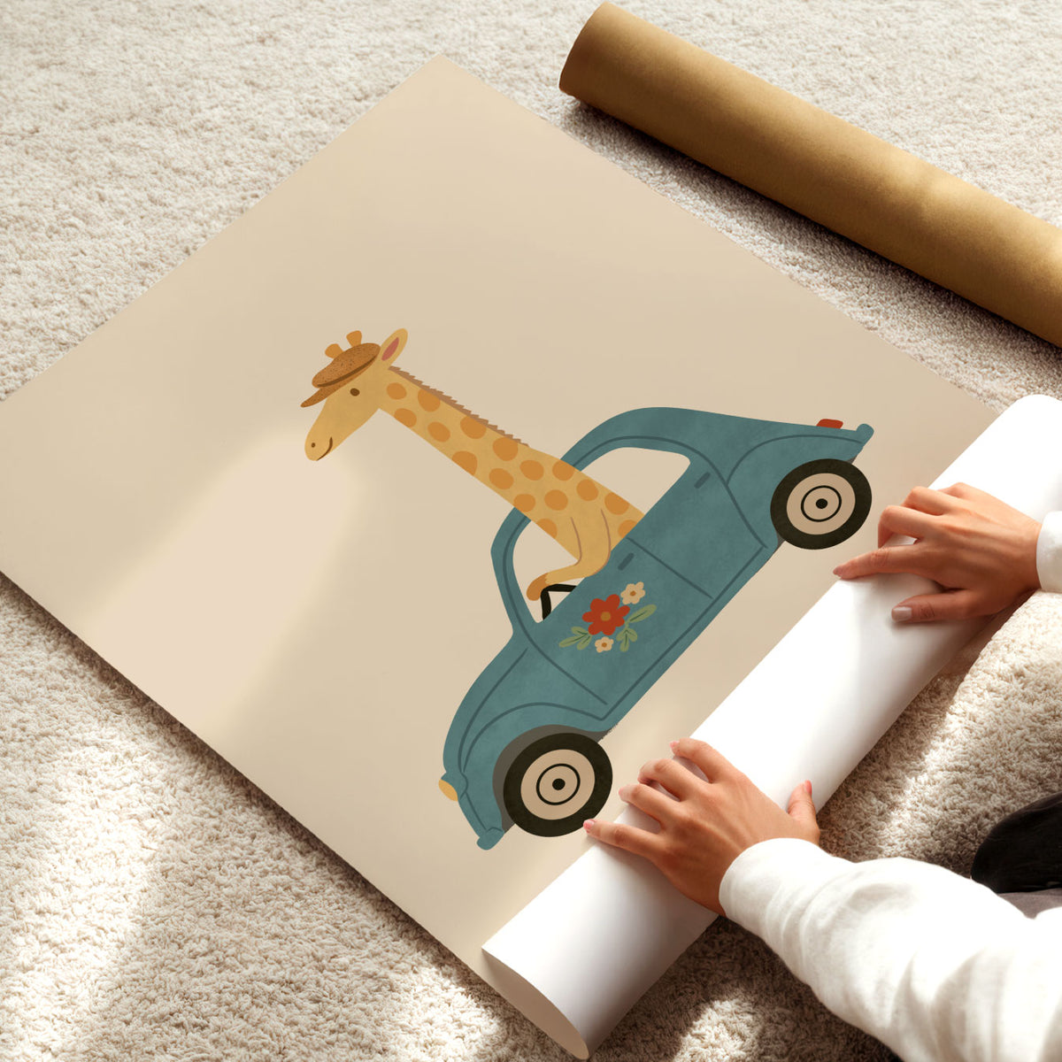 Giraffe In A Car Poster