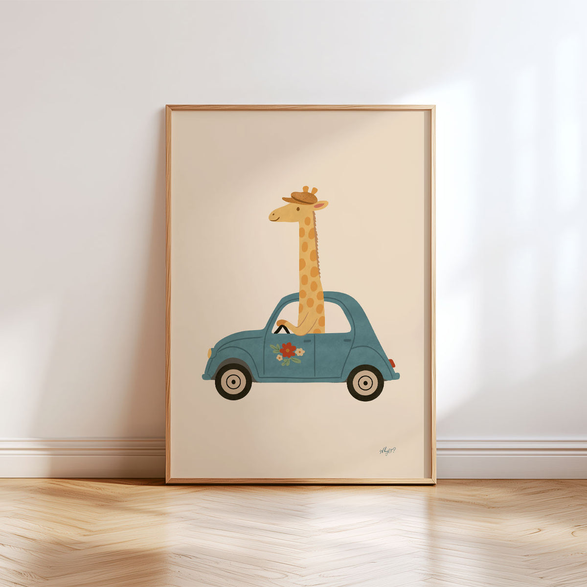 Giraffe In A Car Poster