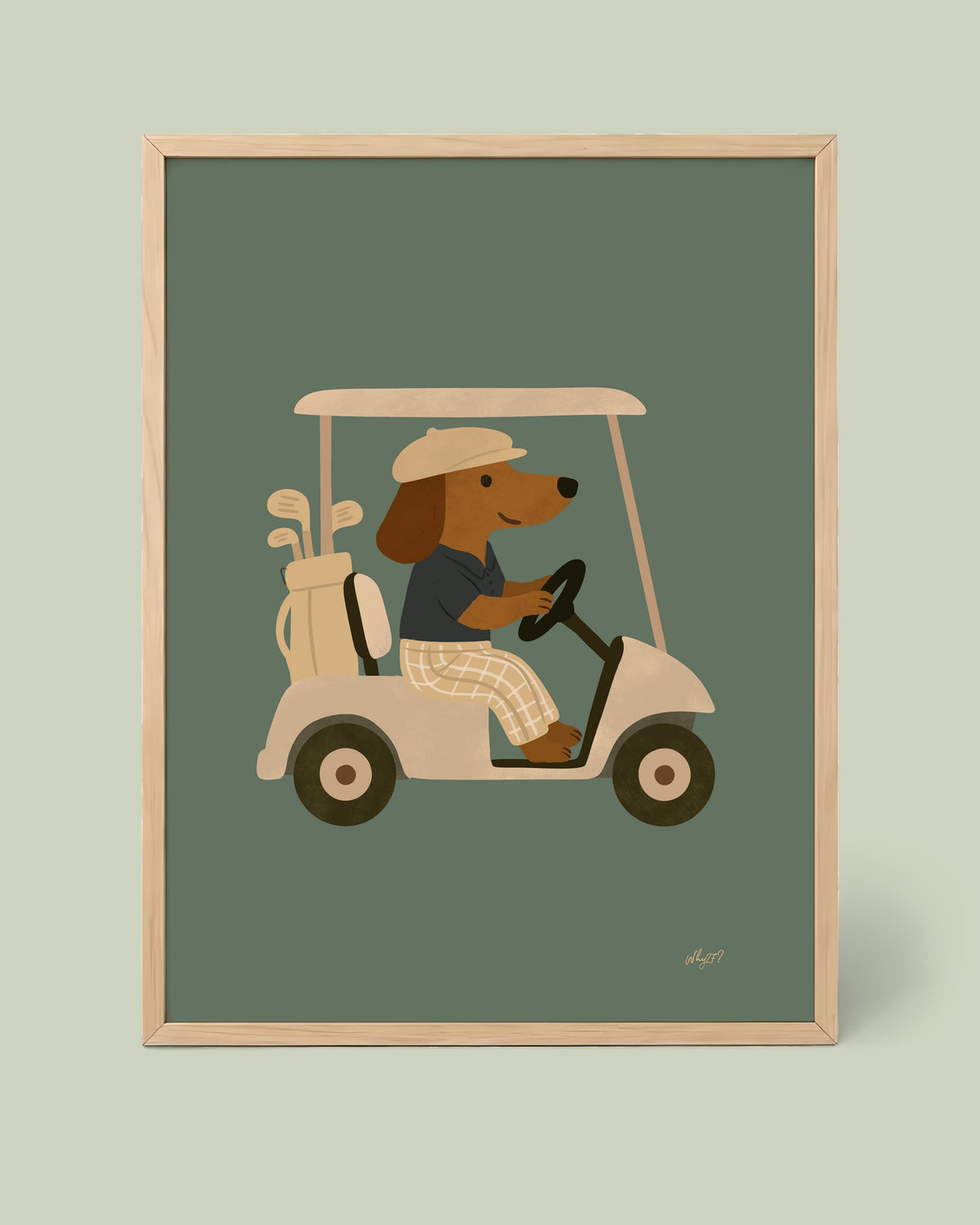 Golf Buggy Dog Poster framed in a natural wood frame