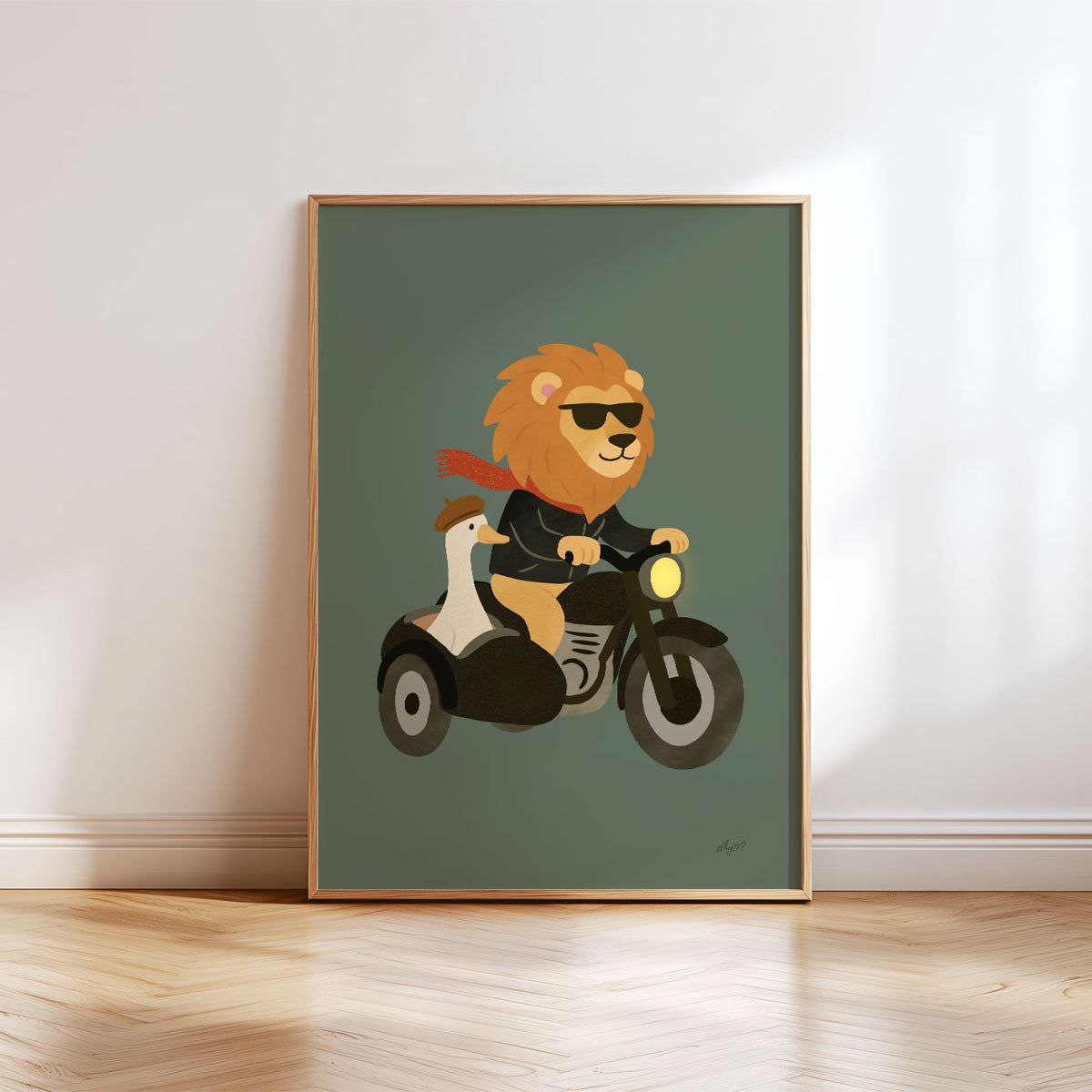 Retro lion motorcycle wall art in green, brown, black and cream with a playful sidecar scene.