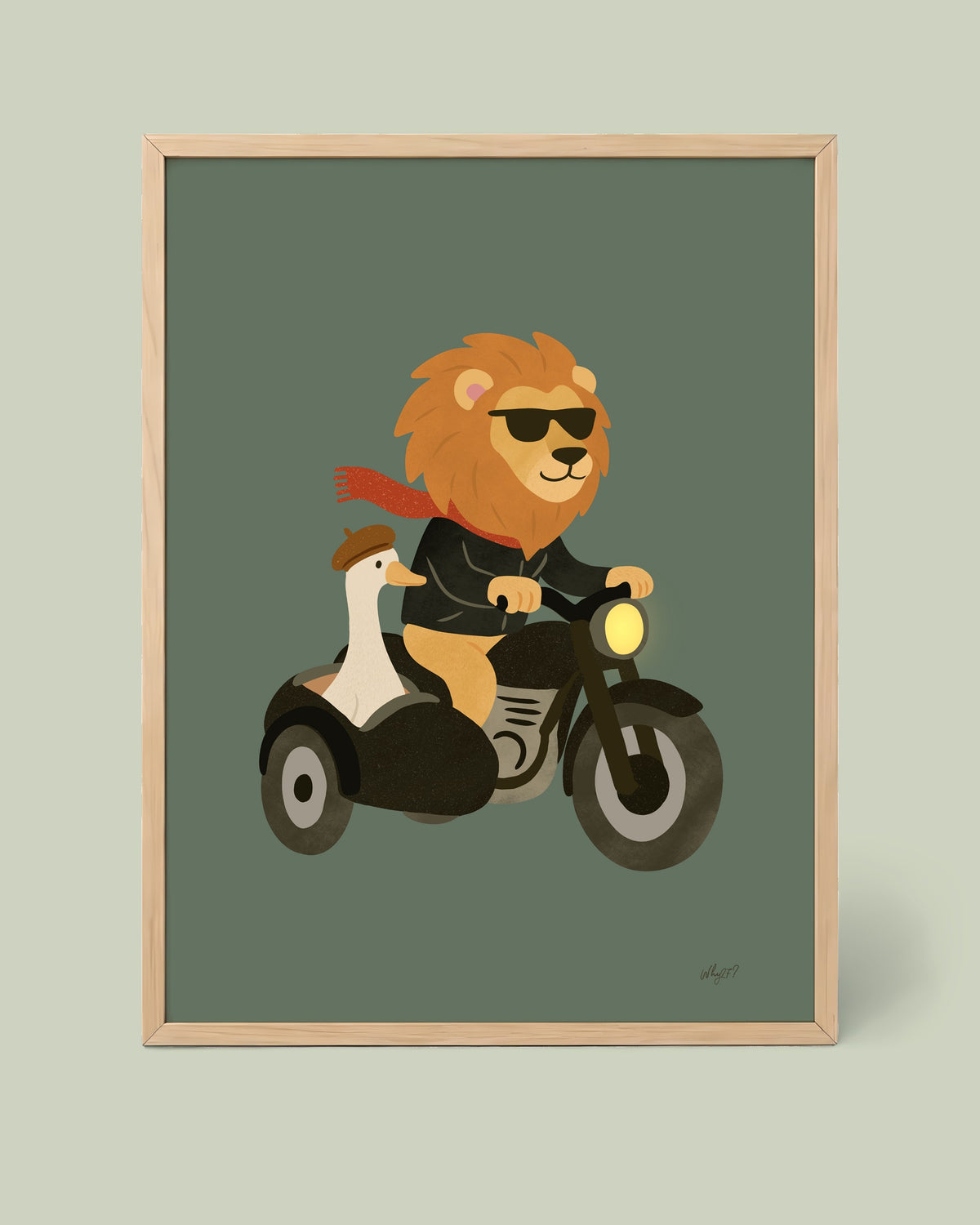 Lion Motorcycle Adventure Poster framed in a natural wood frame
