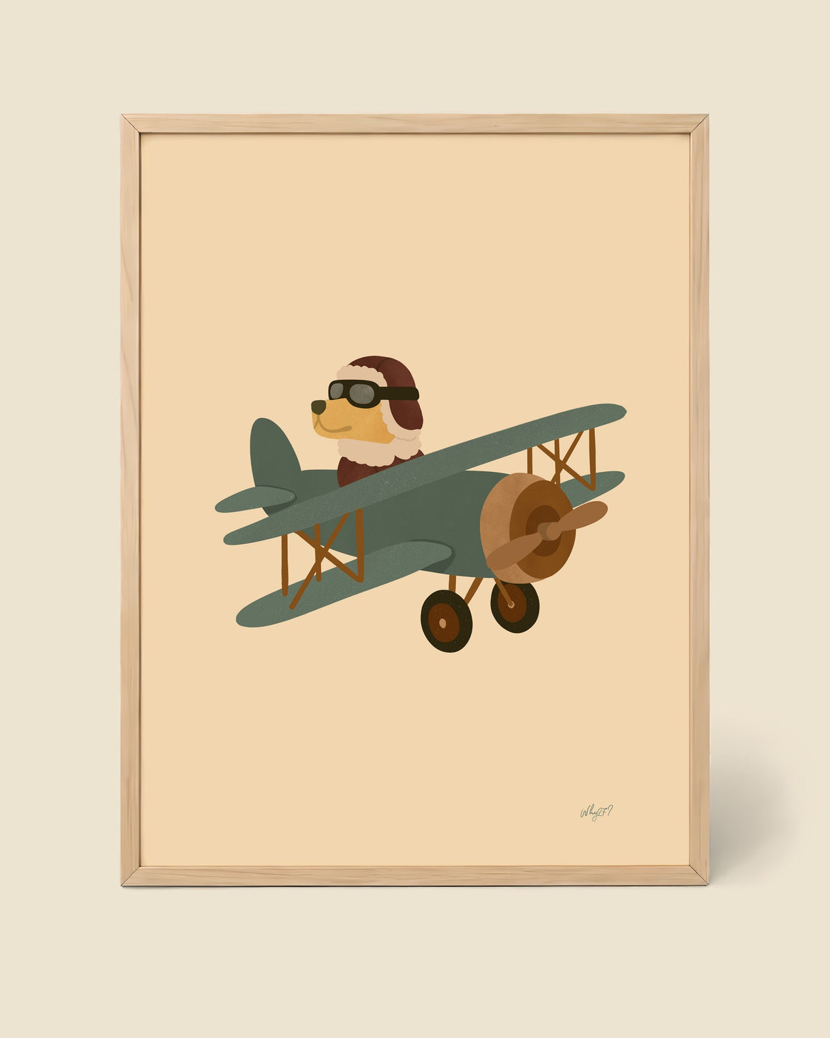 Little Aviator Poster framed in a natural wood frame