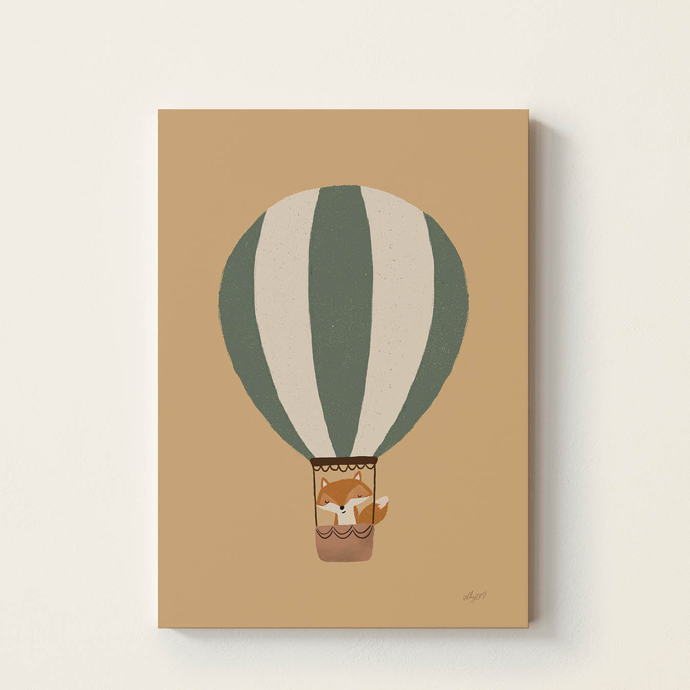 Hand-drawn little fox riding in a vintage hot air balloon, adventure-inspired kids wall art for nurseries, bedrooms, playrooms, and reading corners.