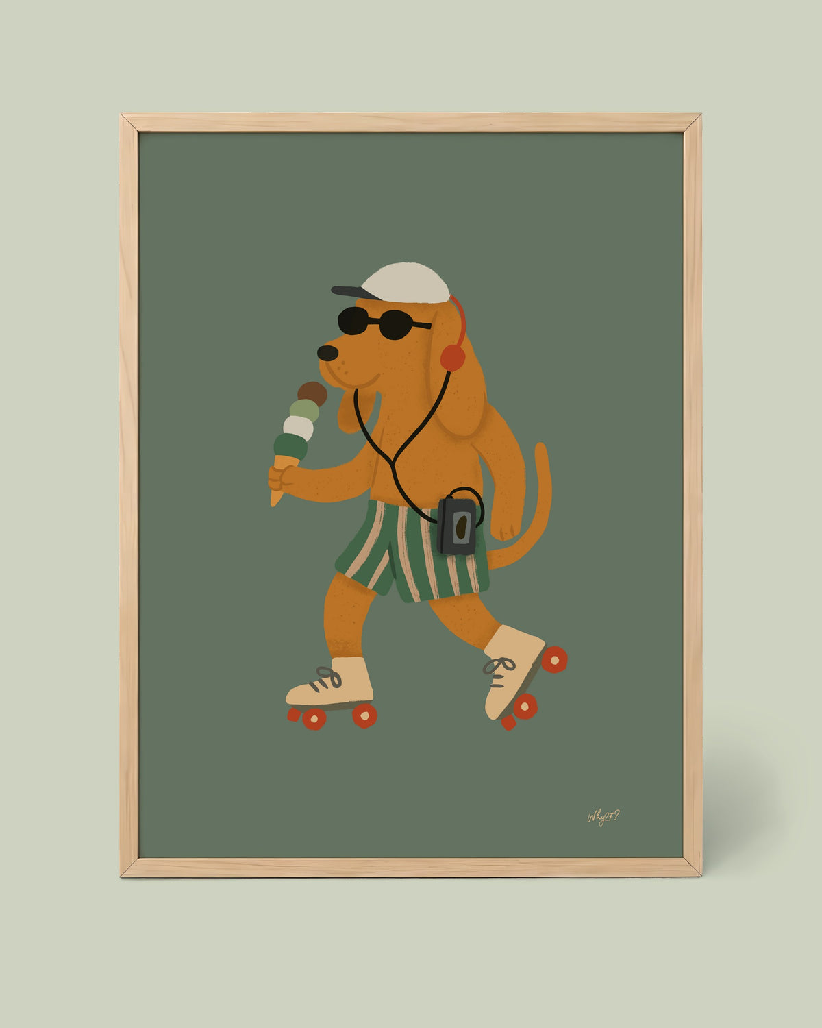 Roller Skate Dog Green Poster framed in a natural wood frame
