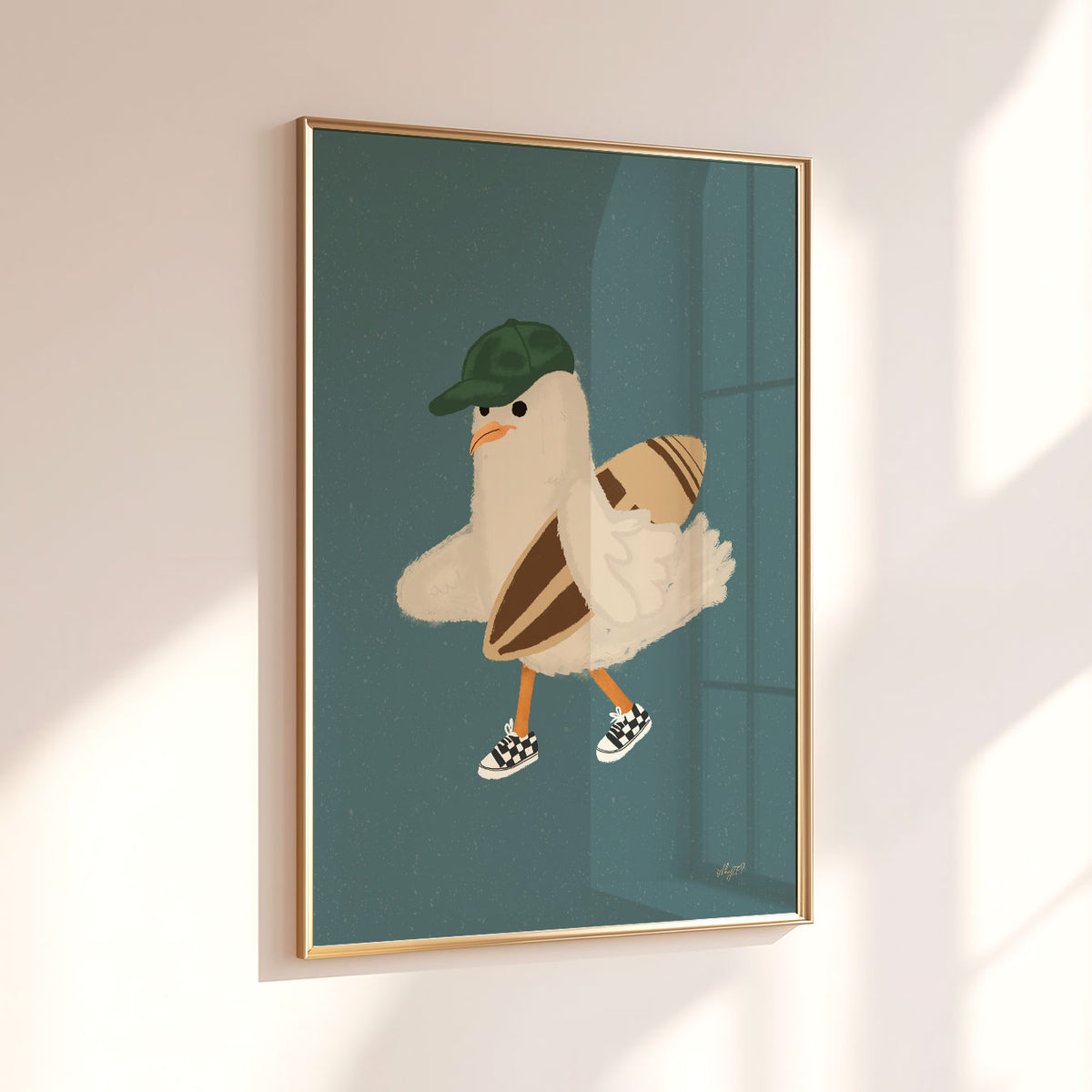 Seagull With A Surfboard Poster